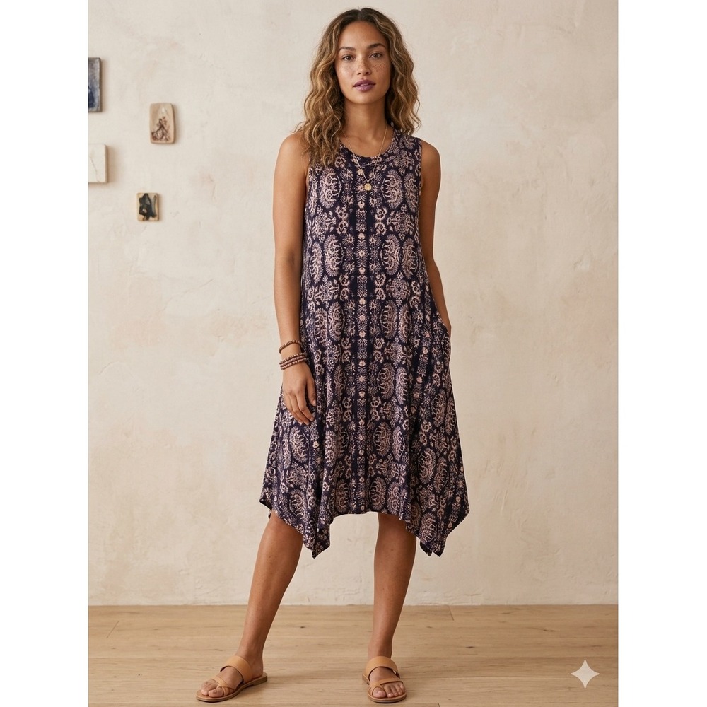 Maeve Anthropologie Sleeveless Medallion Print Handkerchief Hem Dress Purple L
